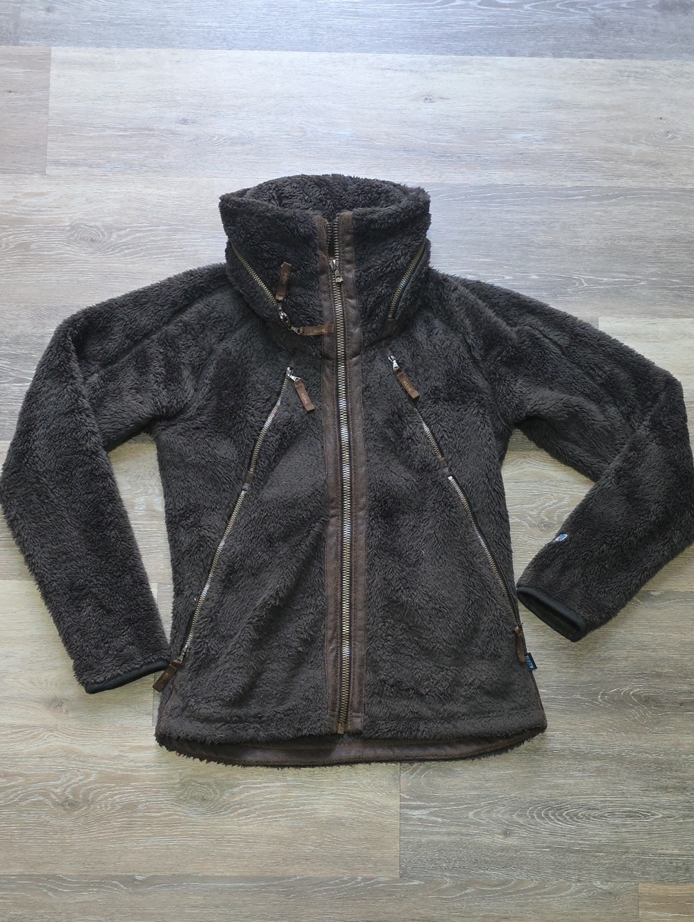 Kuhl Women Flight Sherpa Fleece Jacket FullZip Oversized Funnel Neck DarkBrown S